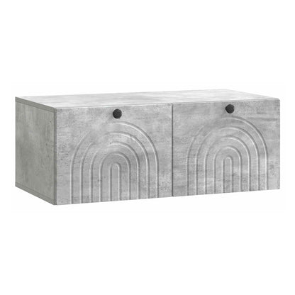 concrete grey wall mounted cabinet with two doors and a textured finish