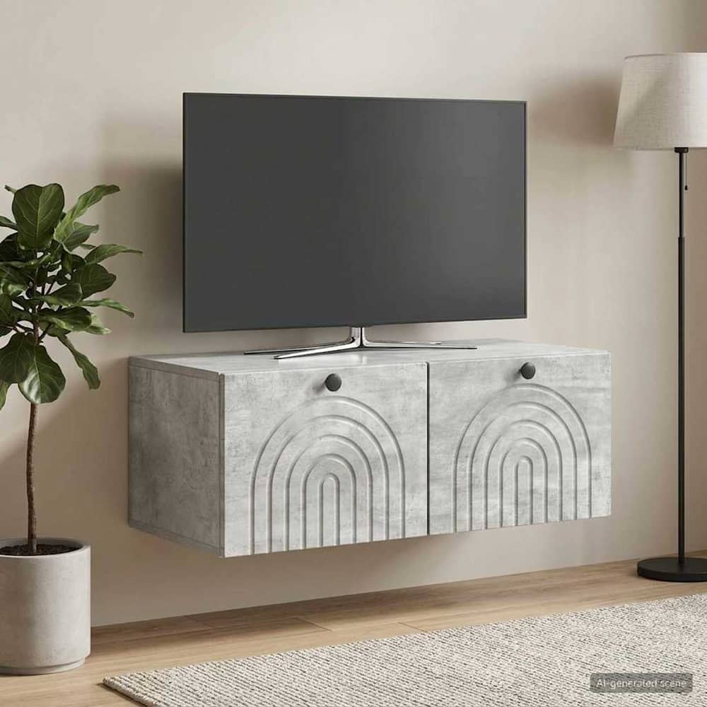 concrete grey TV cabinet mounted on a wall in a living room