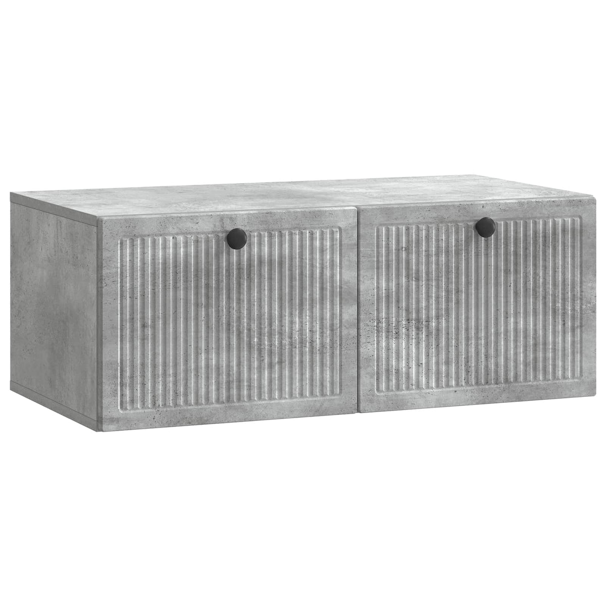 The wall-mounted TV cabinet concrete grey shown from the front with ribbed doors
