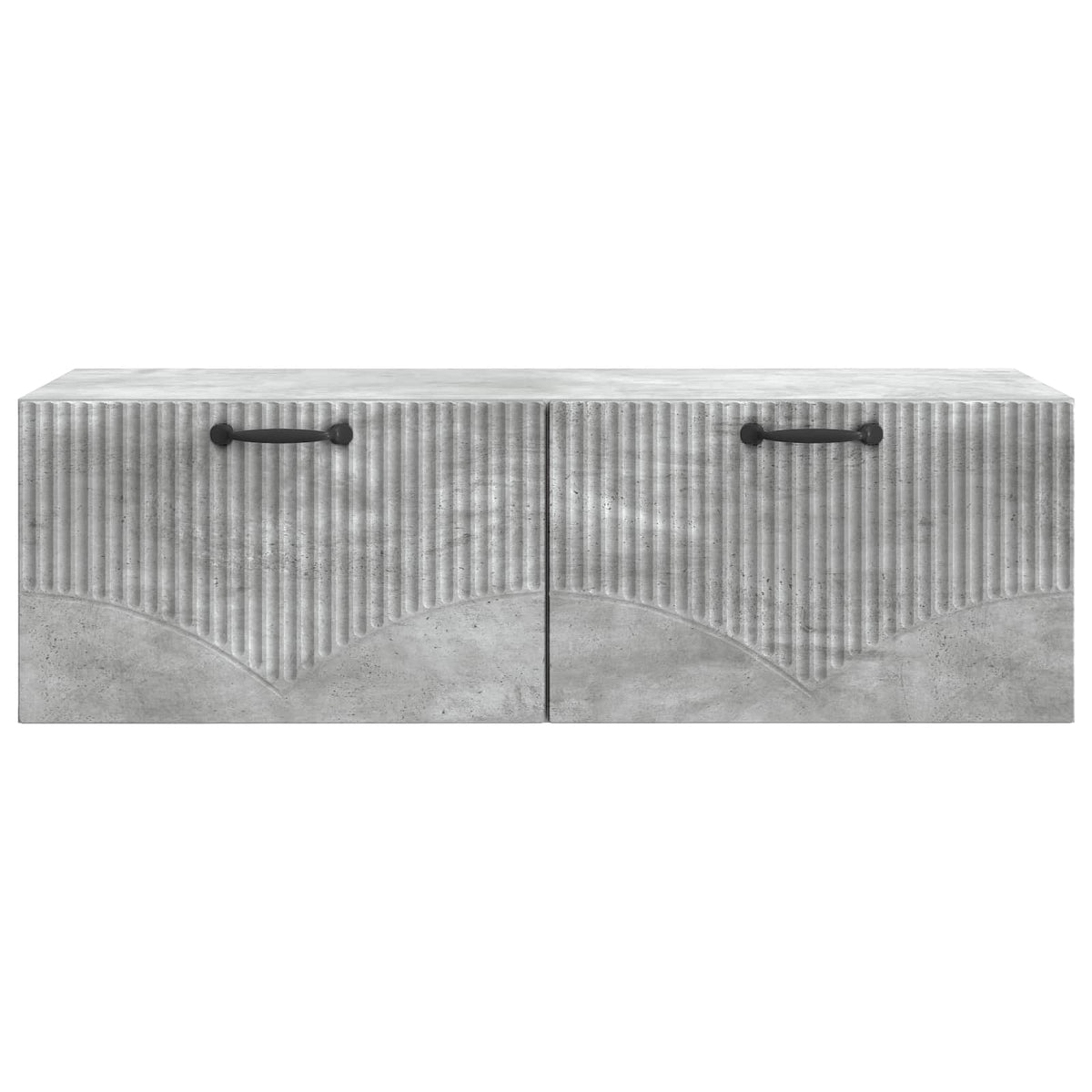 Concrete grey wall-mounted cabinet with two doors and black handles, shown from the front