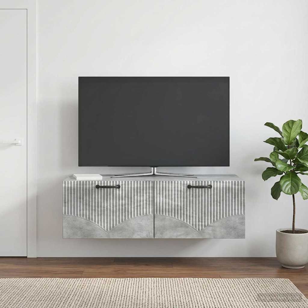 vidaXL Wall-Mounted TV Cabinet Concrete Grey with two doors and black handles, mounted on a wall