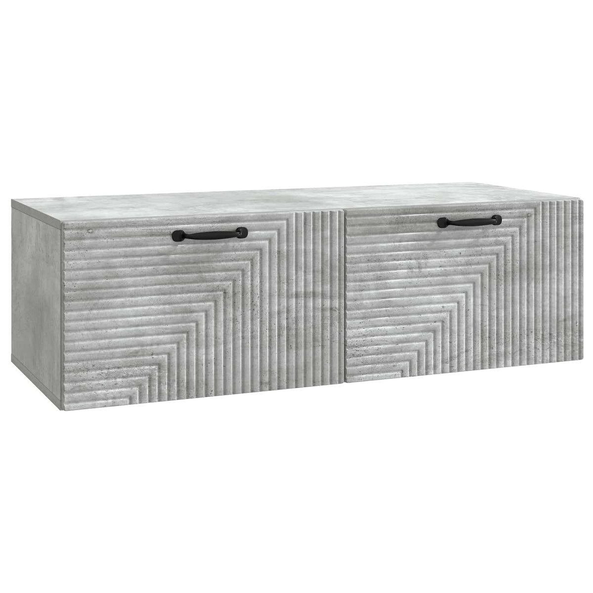 Concrete grey wall-mounted cabinet with textured doors and black handles