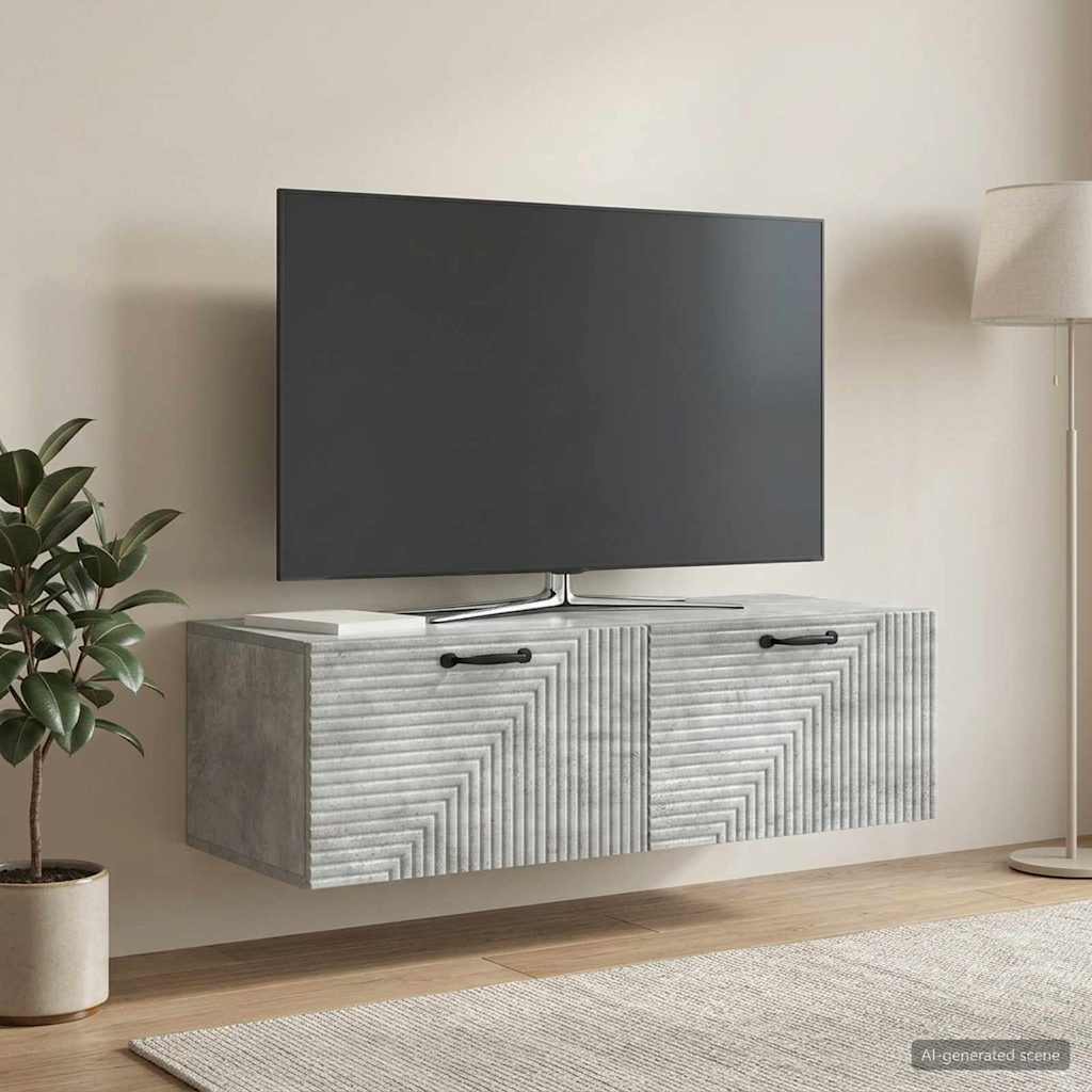 vidaXL Wall-Mounted TV Cabinet Concrete Grey with two doors and black handles