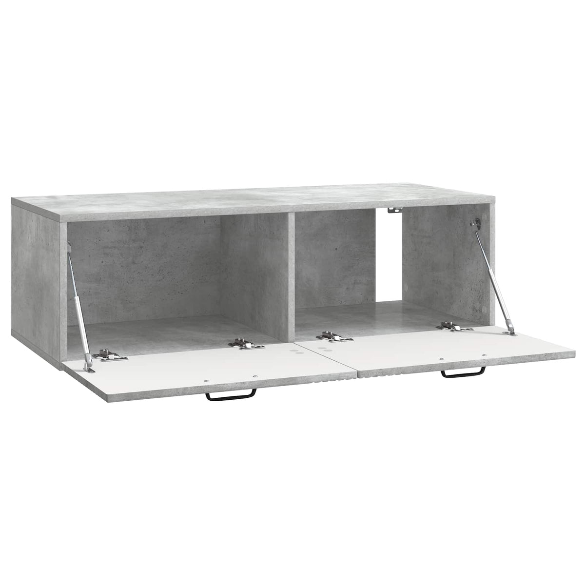 Open wall-mounted cabinet showing two storage compartments and lift-up doors