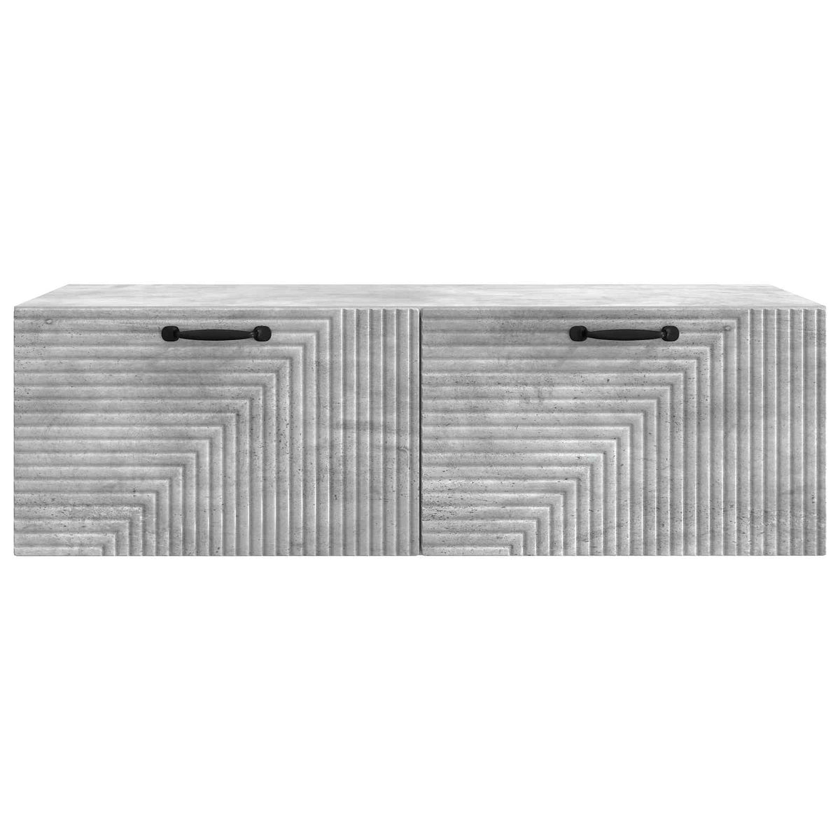 Concrete grey TV cabinet with textured front panels and black handles