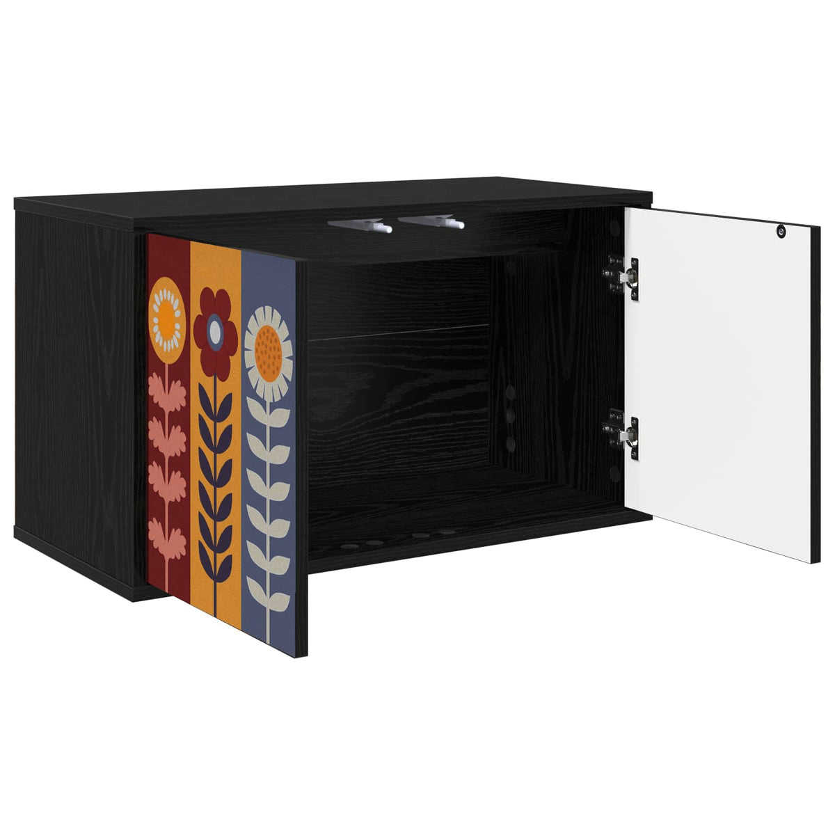 The open cabinet shows its interior and two white doors