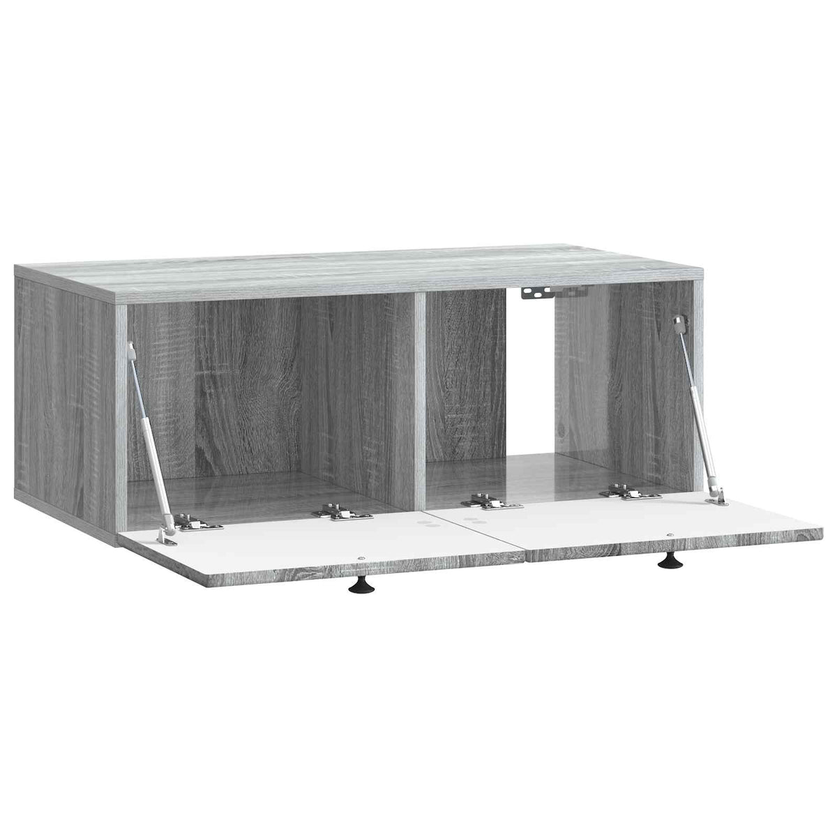 Wall-mounted TV cabinet with both doors open showing storage space