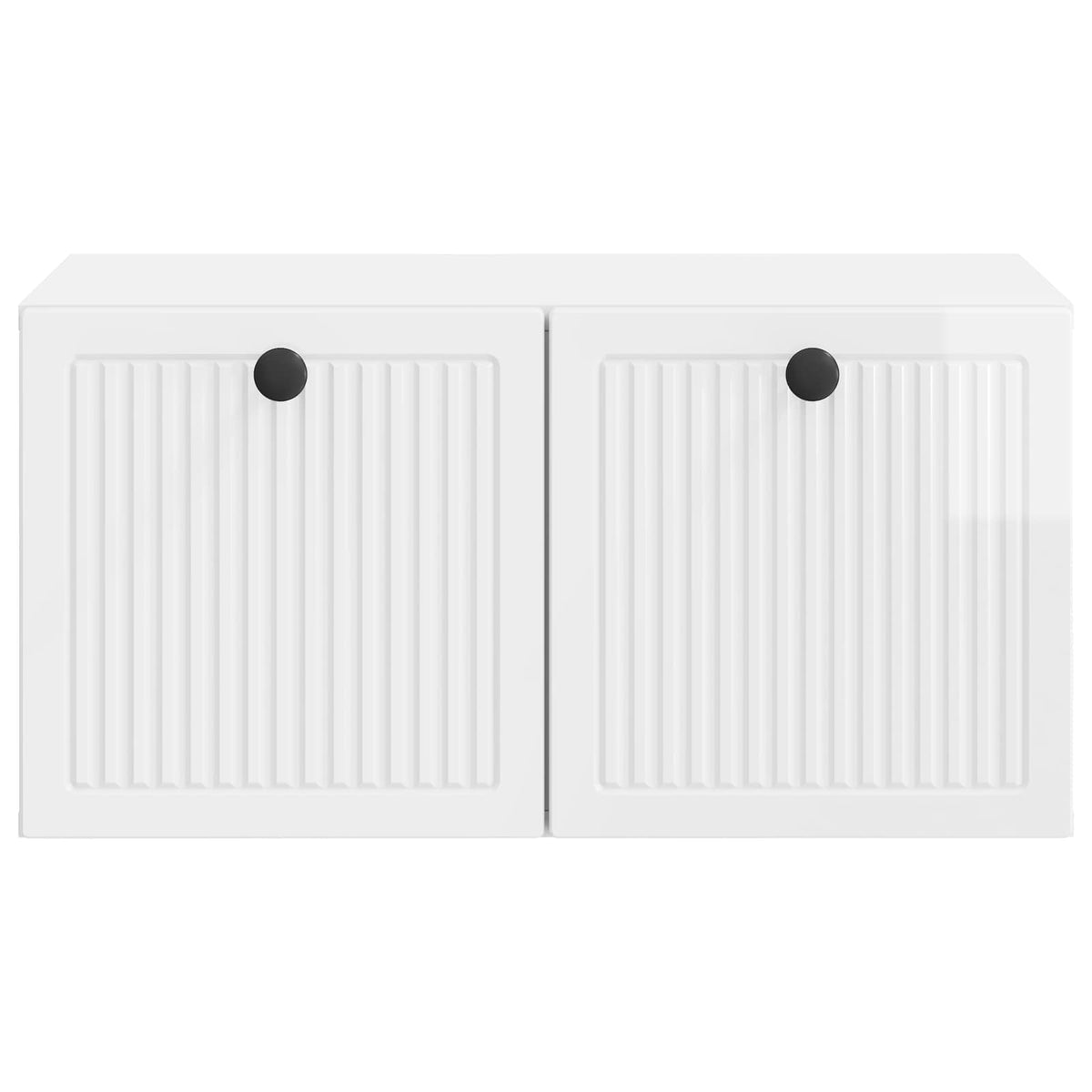 The rectangular white tv cabinet viewed directly from the front showing the ribbed door design