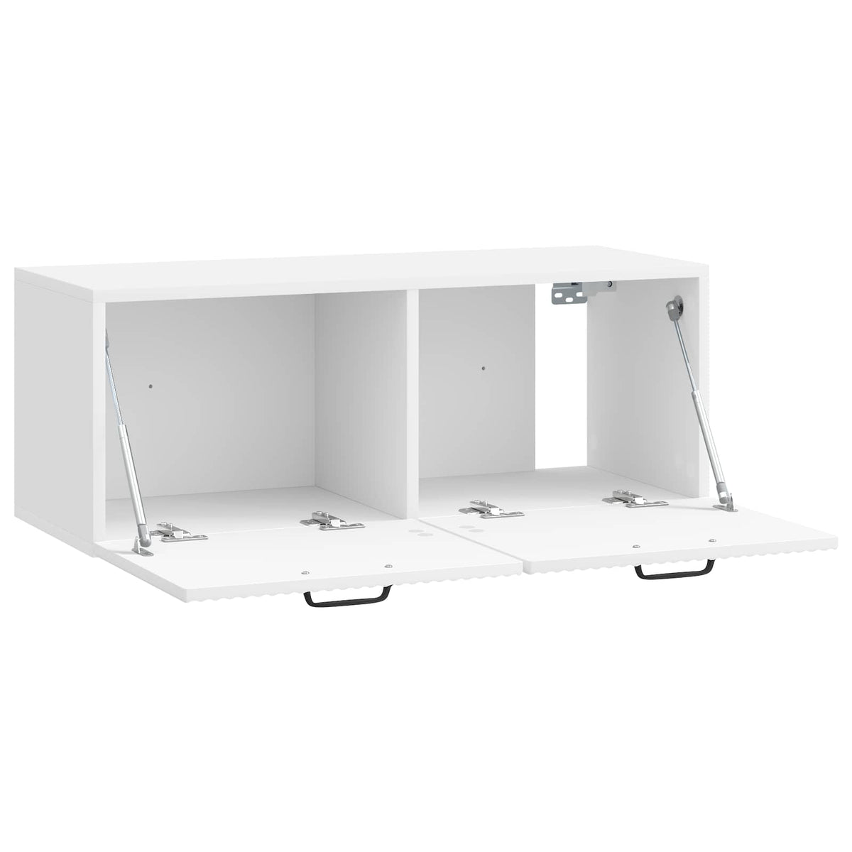White cabinet with both doors open, showing the internal storage space