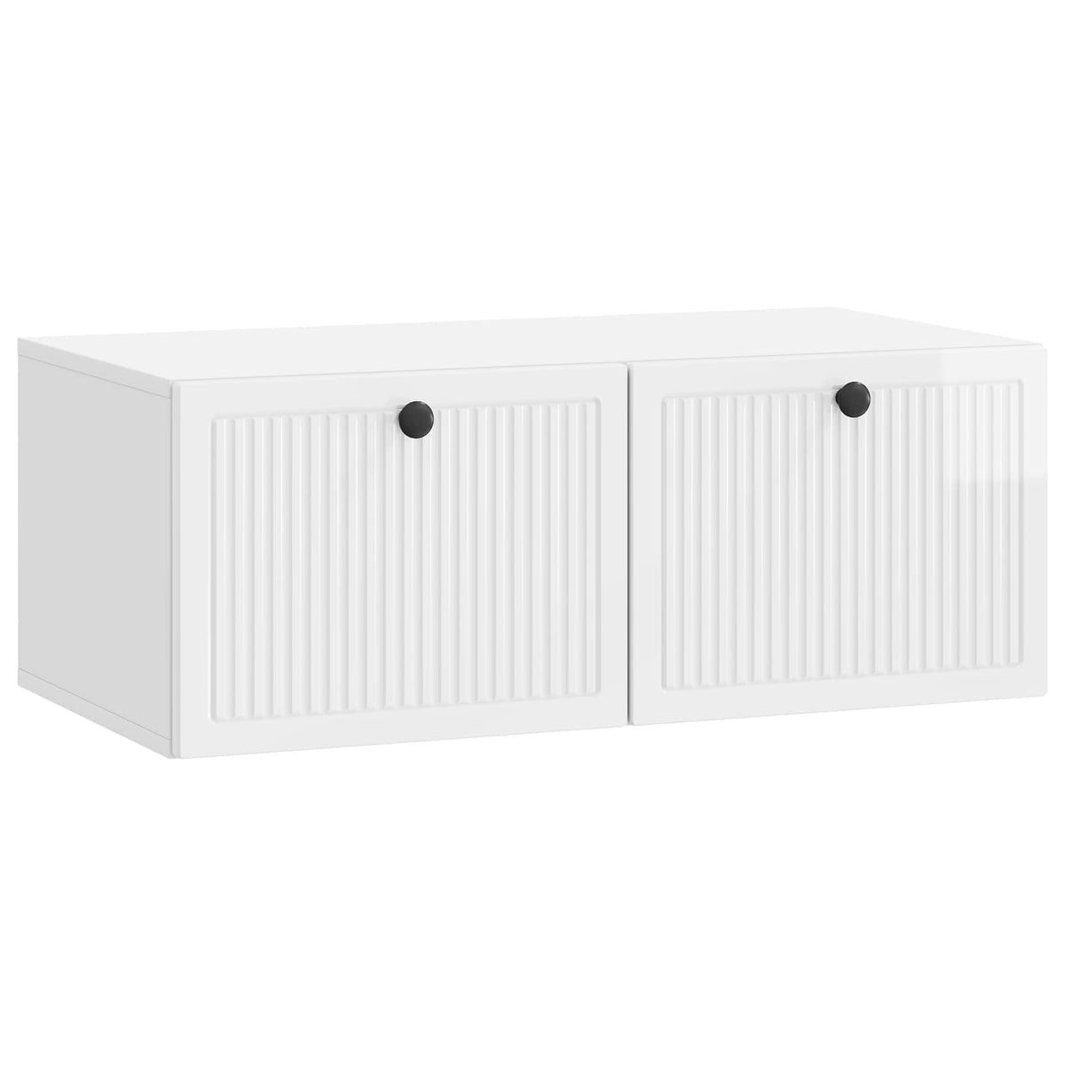 The white wall cabinet with two ribbed doors and black round handles on a plain background