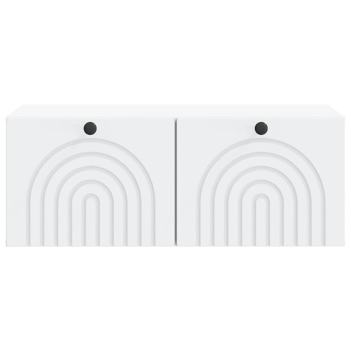 Close-up of the white wall-mounted TV cabinet doors with decorative pattern