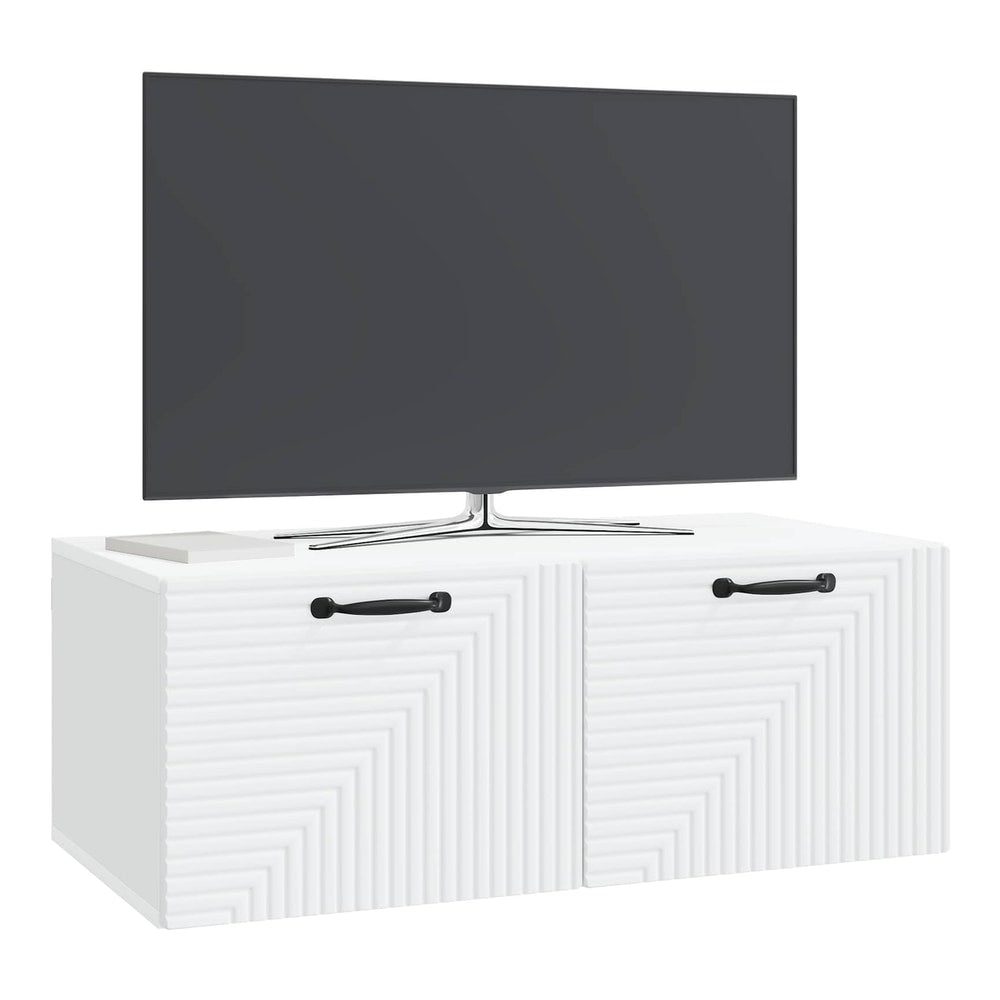 White engineered wood TV cabinet with a television on top