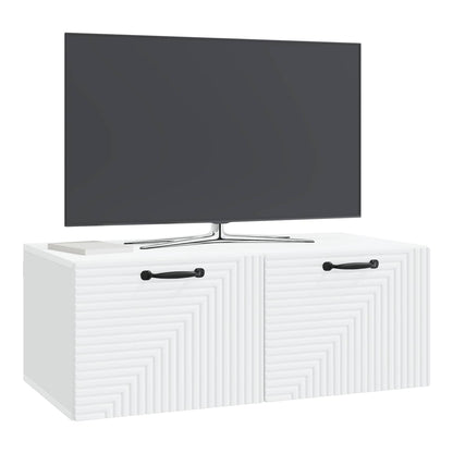 White engineered wood TV cabinet with a television on top