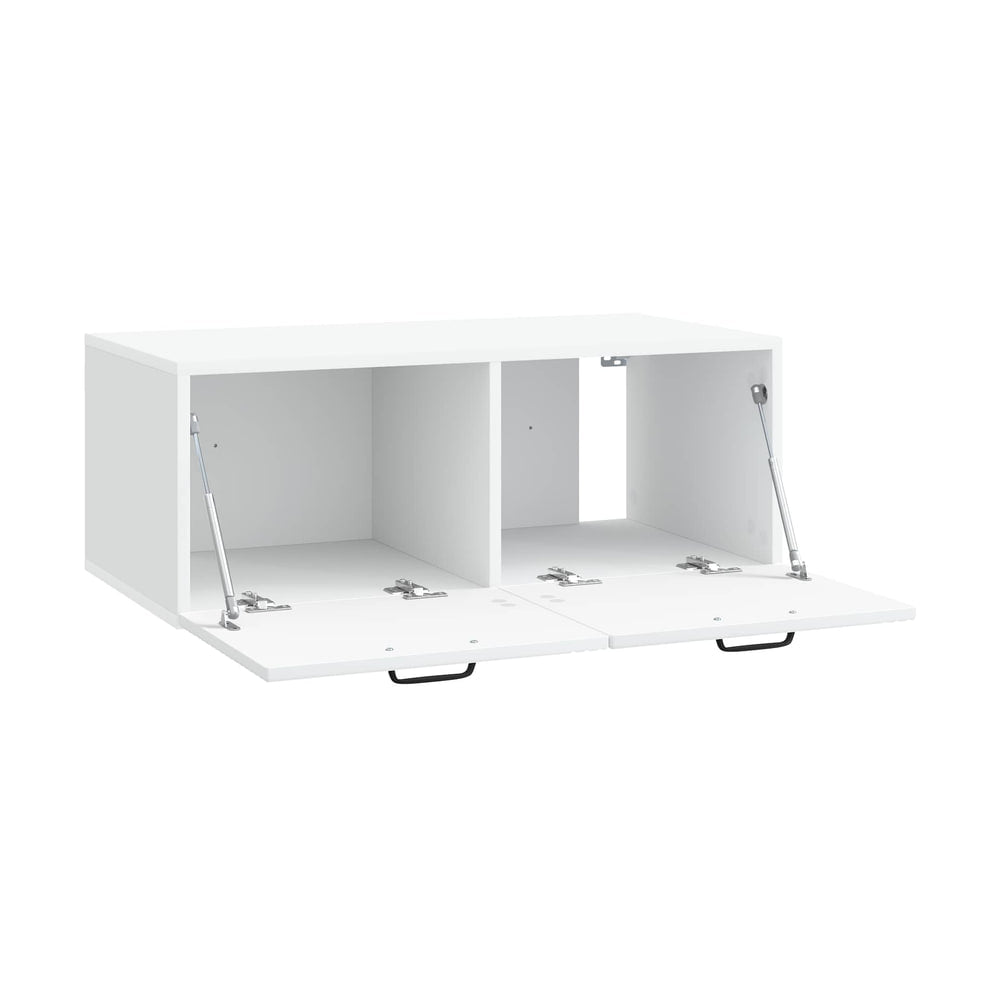 White engineered wood TV cabinet with both doors open showing storage