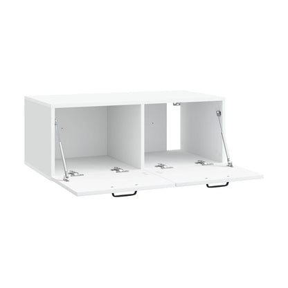 White engineered wood TV cabinet with both doors open showing storage