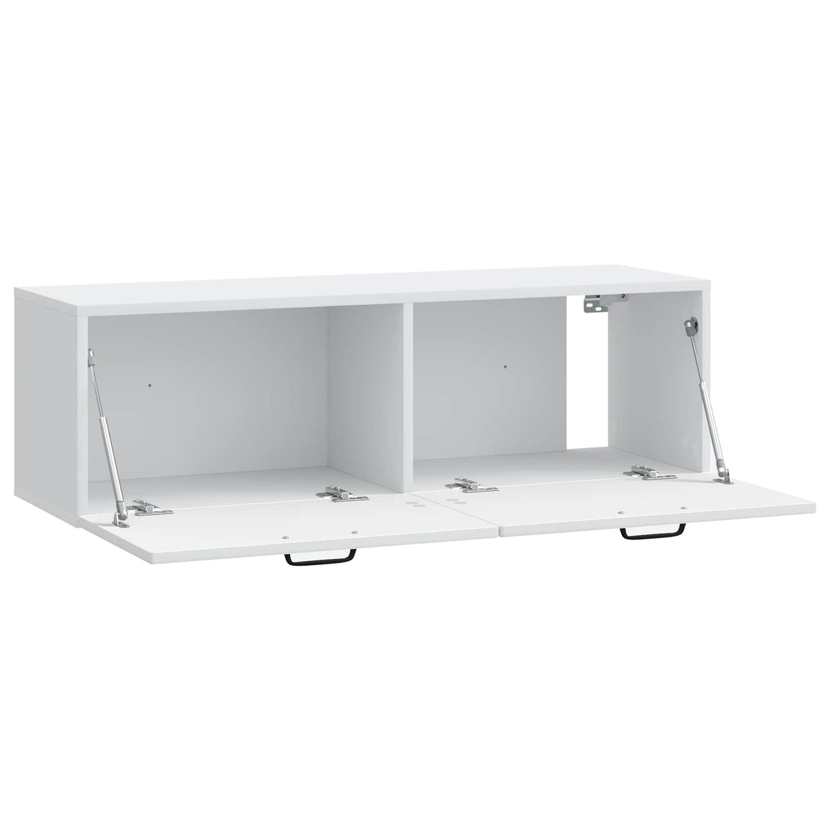 The white TV cabinet with both front doors open showing the internal storage compartments