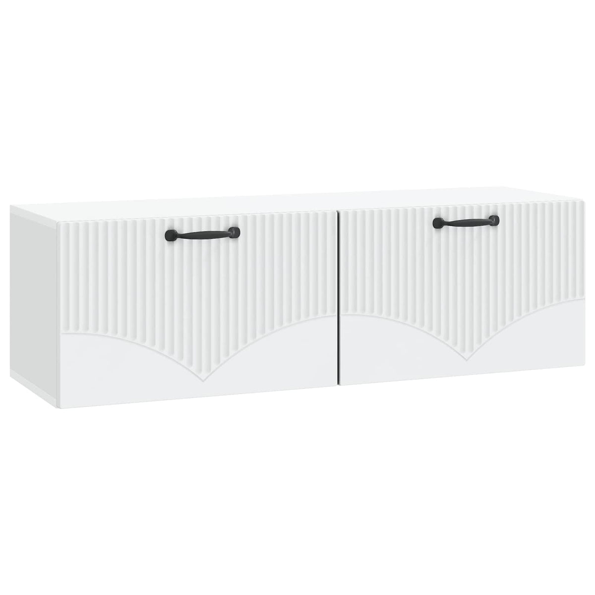 A white wall-mounted cabinet with two doors and black handles, featuring a ribbed design