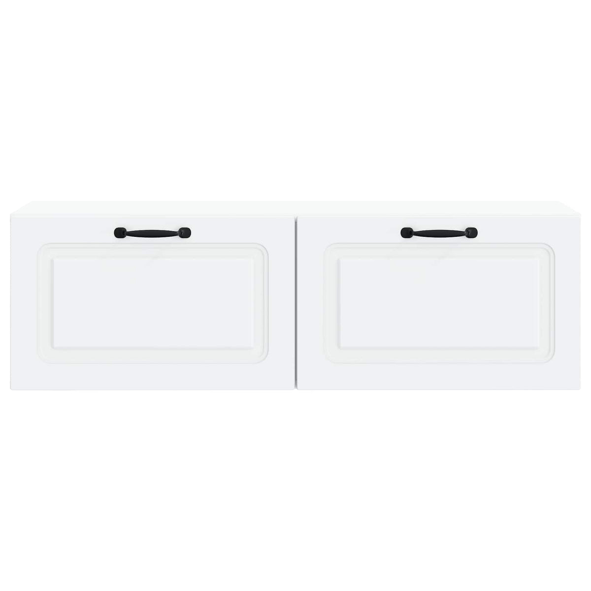 The white TV cabinet viewed directly from the front showing the two doors and black handles