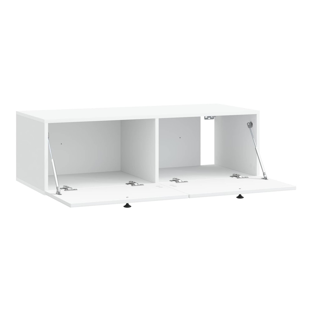 The white TV cabinet with its doors open showing two storage compartments