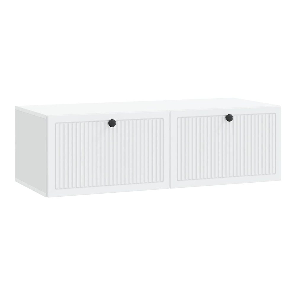The wall-mounted TV cabinet has two fluted doors with black handles