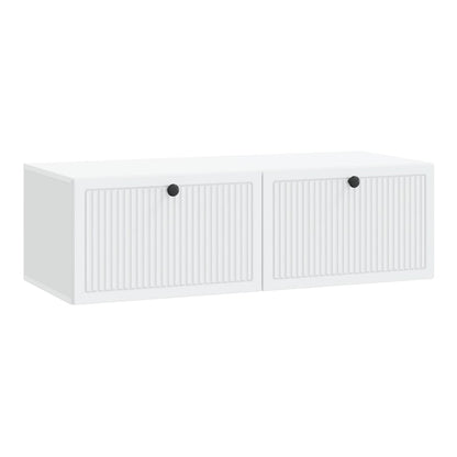 The wall-mounted TV cabinet has two fluted doors with black handles