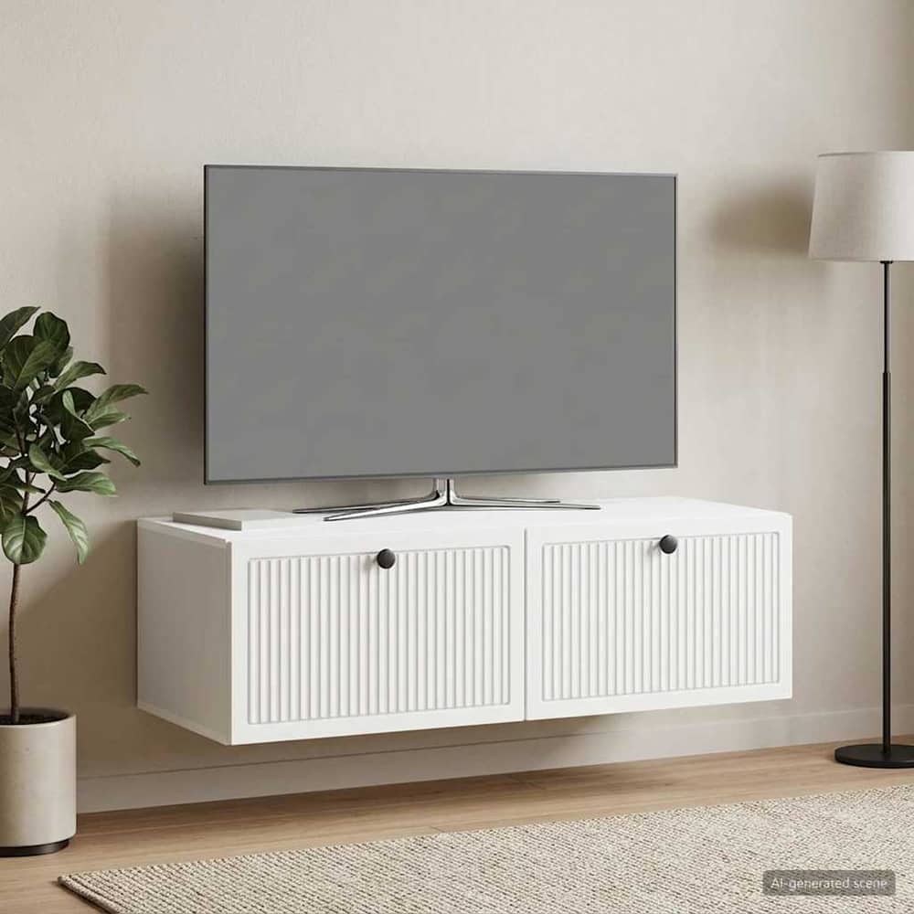 A white wall-mounted cabinet for a television is shown in a modern living room