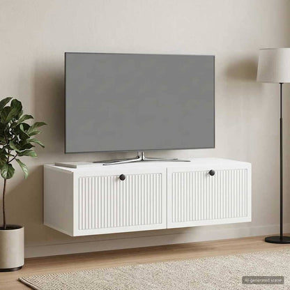 A white wall-mounted cabinet for a television is shown in a modern living room