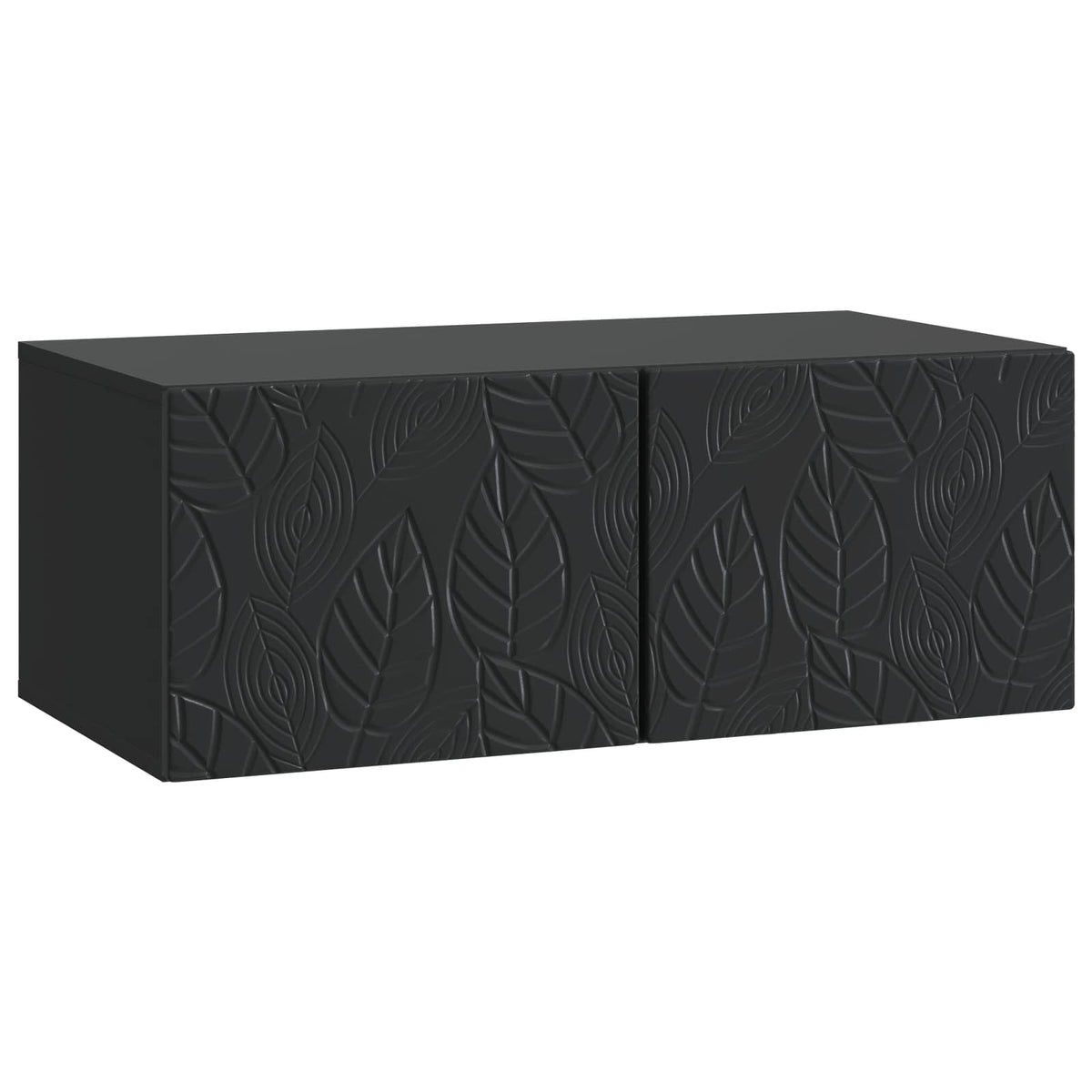 The black wall-mounted TV cabinet with a leaf pattern on the two front doors
