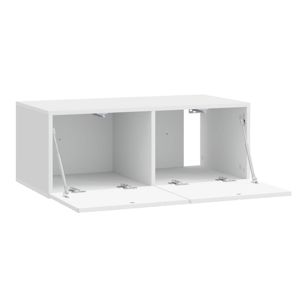 The white wall-mounted TV cabinet with both doors open showing storage space