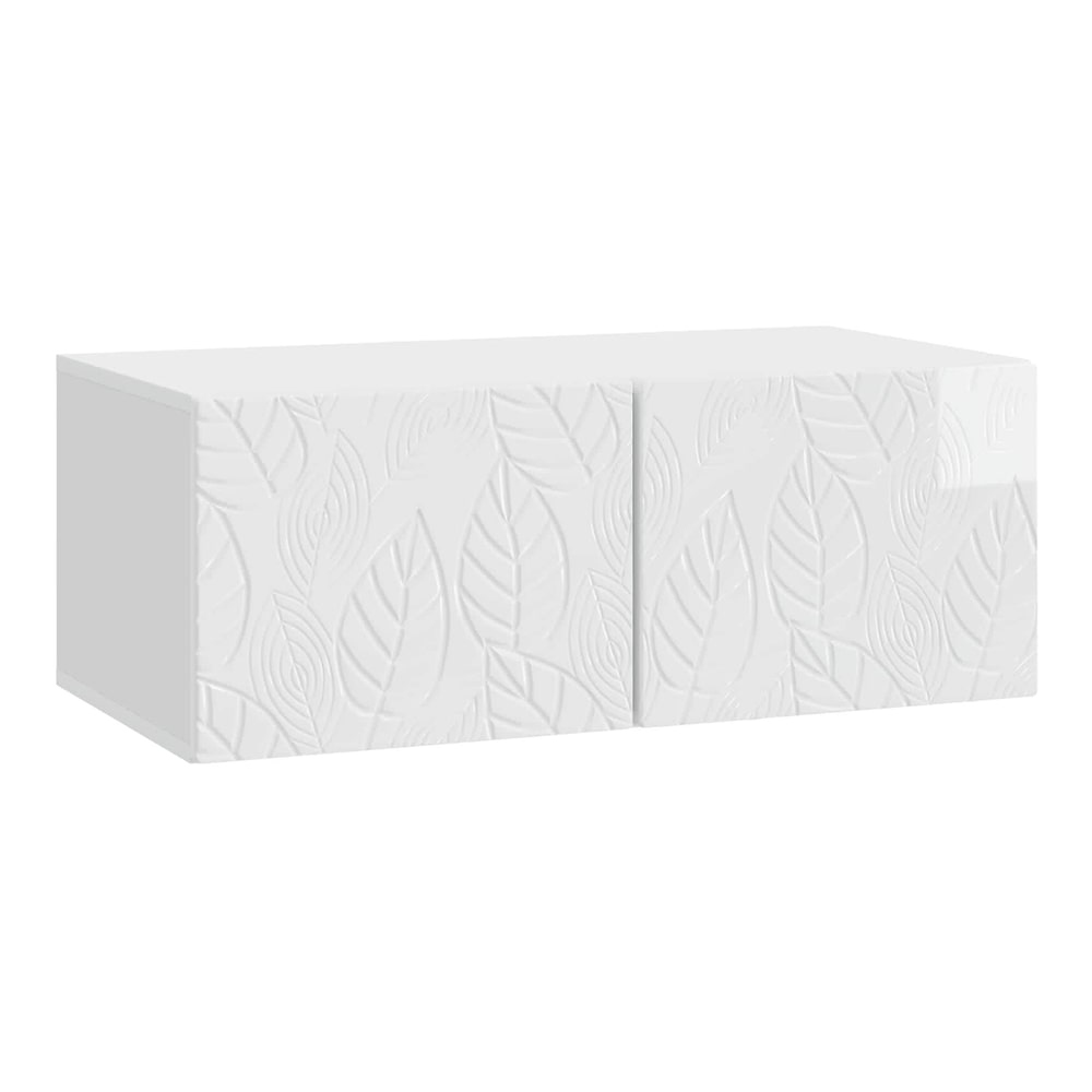 A white wall-mounted TV cabinet with a leaf pattern on its doors