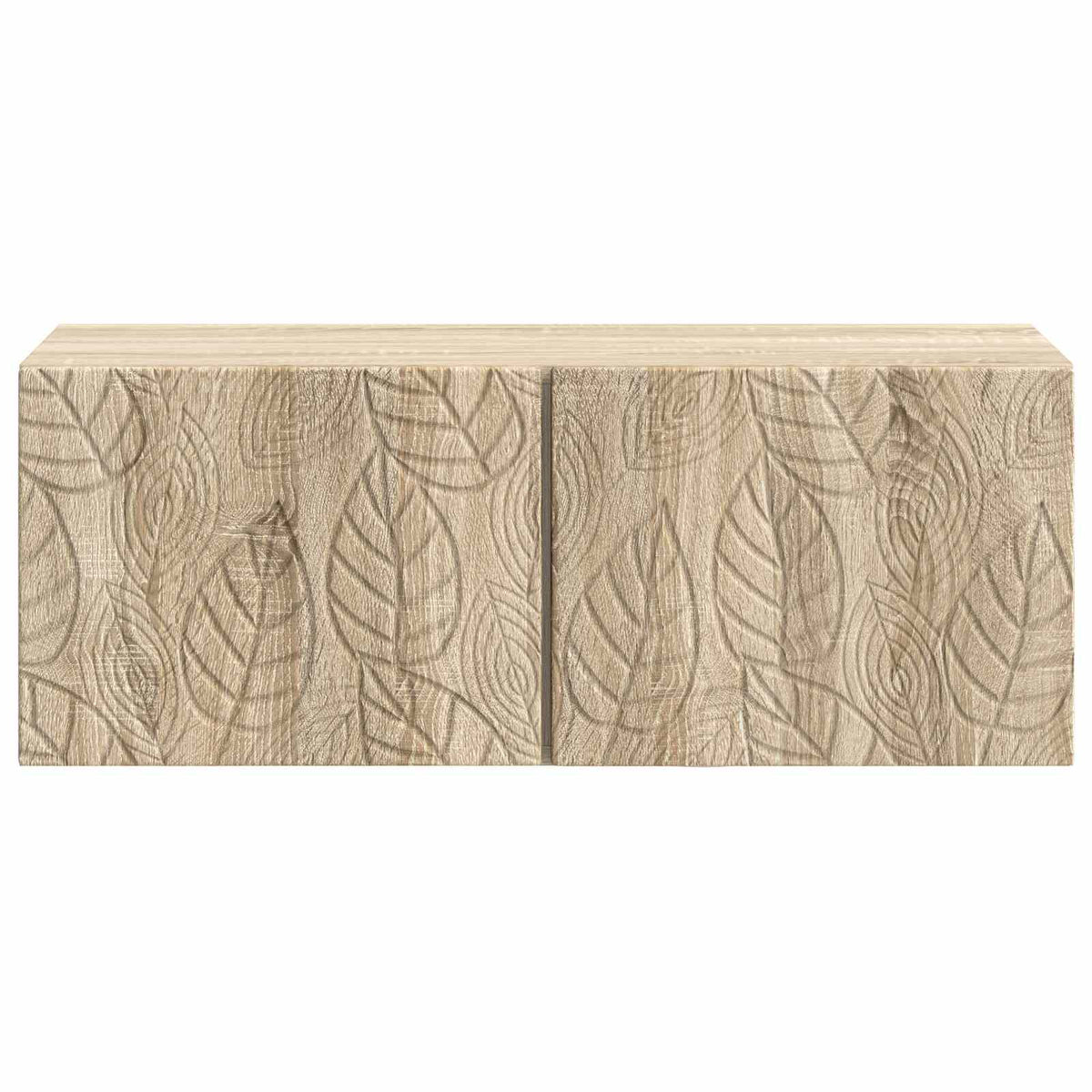 A close-up of the front of the wall-mounted TV cabinet with a leaf pattern