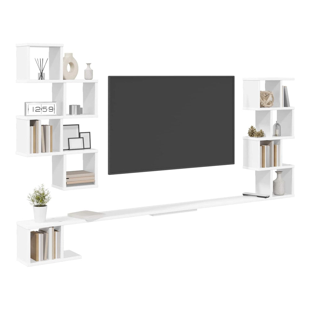 White wall mounted TV shelf unit with a television and ornaments