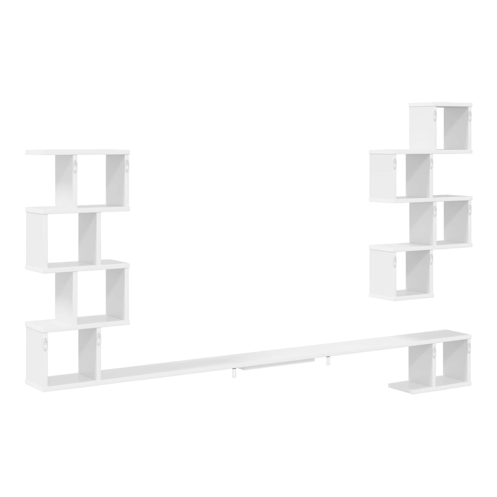 The white wall shelf unit is shown from a distance against a white background