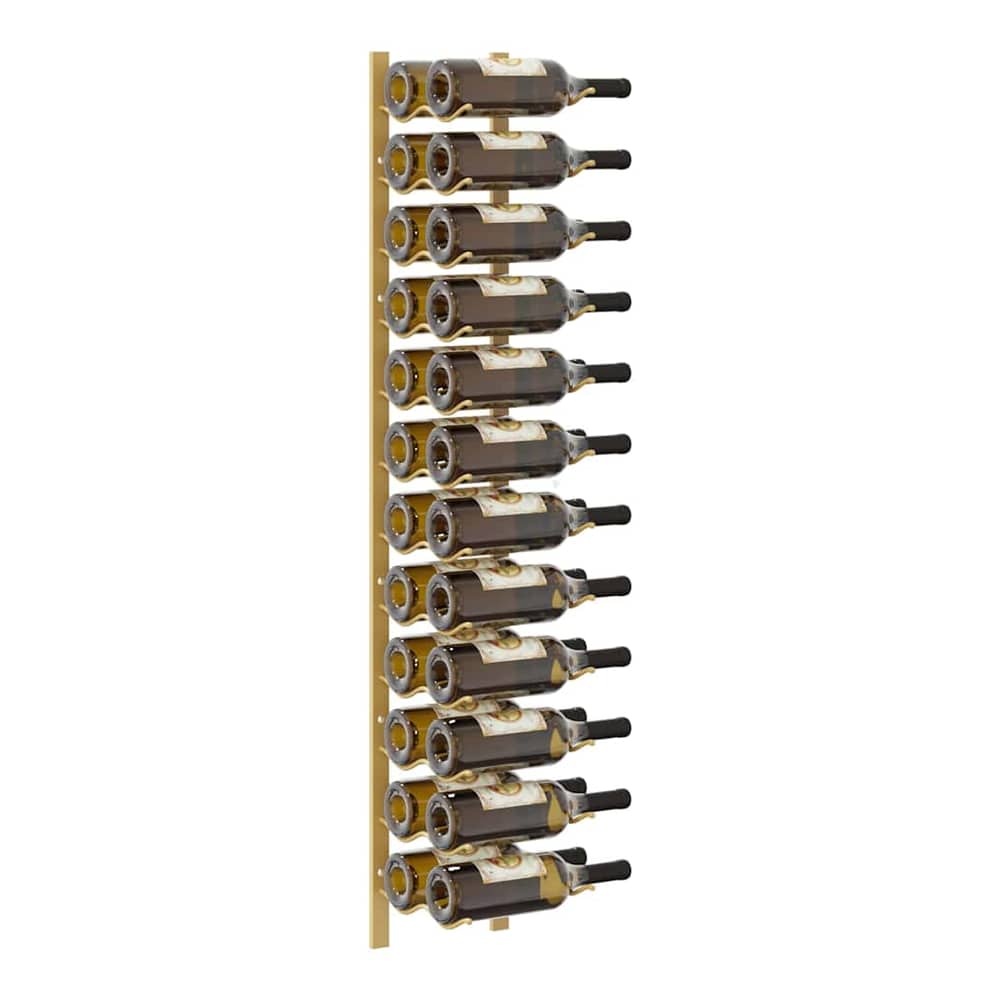 A gold iron wall mounted wine rack holding several bottles of wine