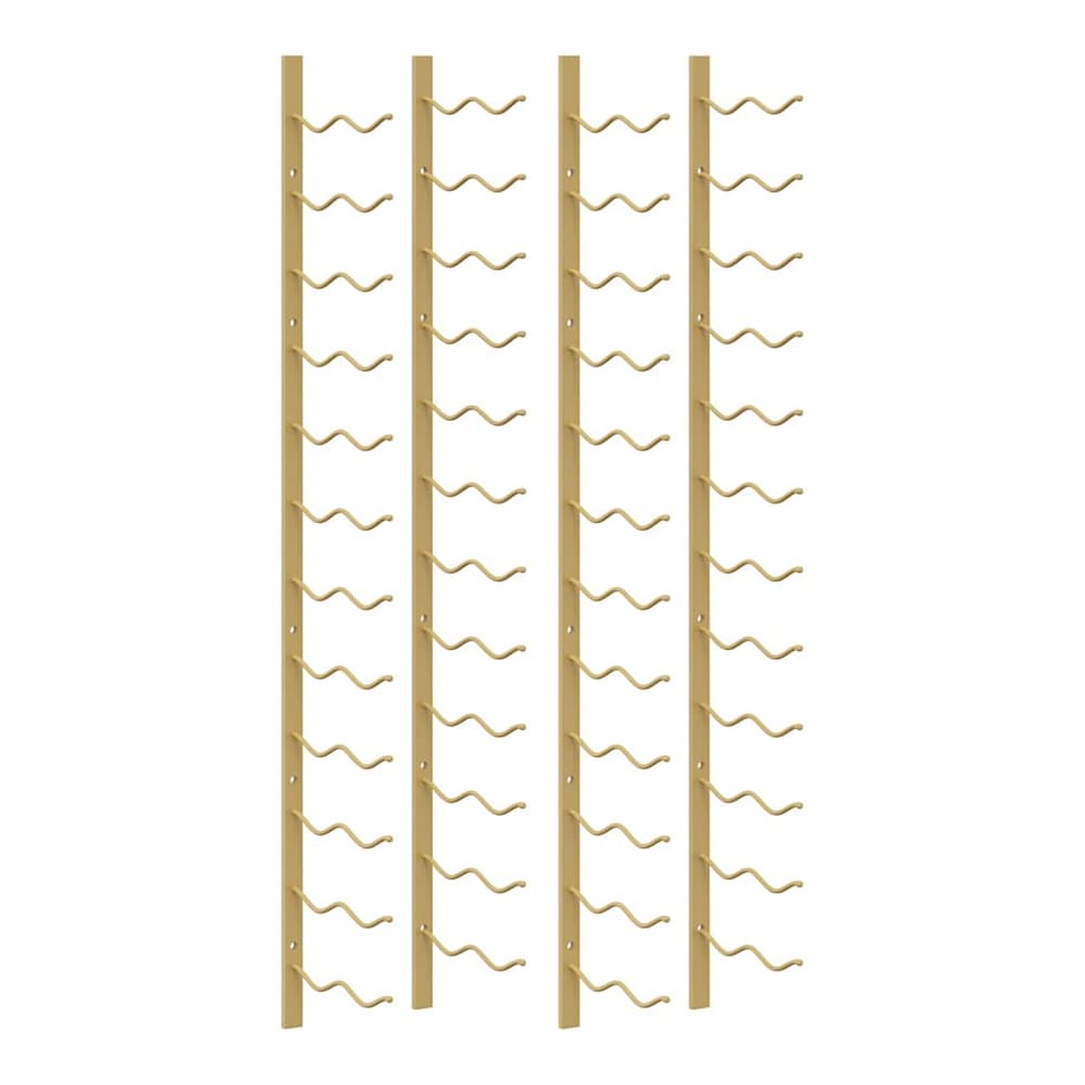 Two gold iron wall mounted wine racks shown separately against a white background