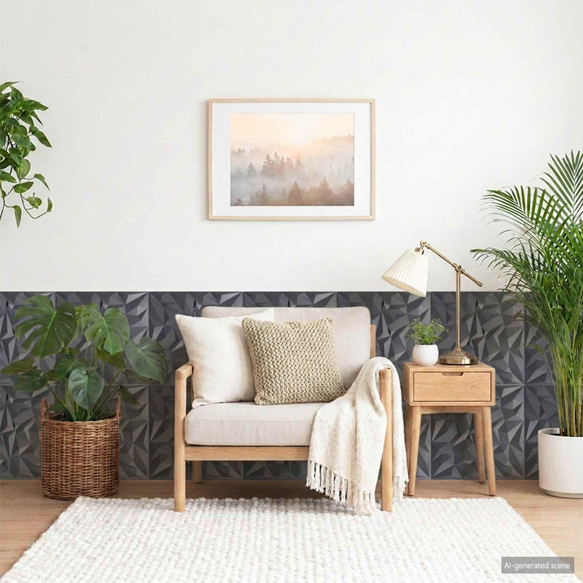 vidaXL Wall Panels 24 pcs Amethyst Grey XPS Foam installed on a living room wall behind an armchair