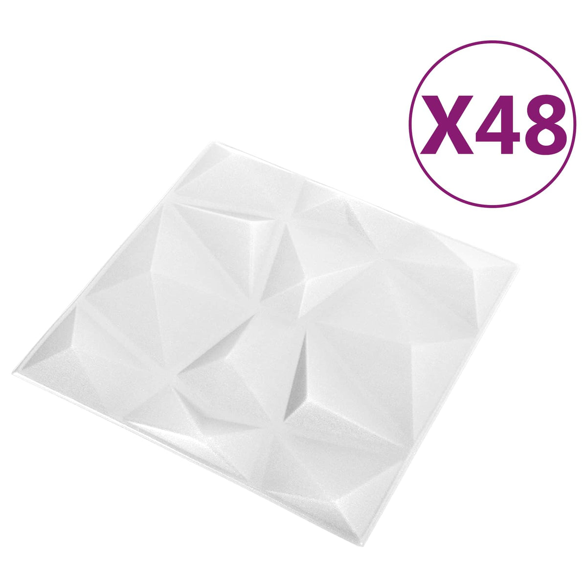 One white geometric wall panel with a faceted diamond design and a purple circle indicating quantity