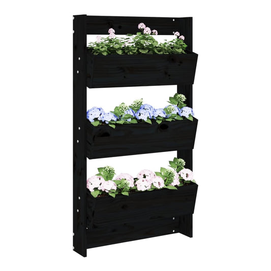 vidaXL Wall Planter 3-Tier Black Solid Wood Pine with three planting sections filled with flowers