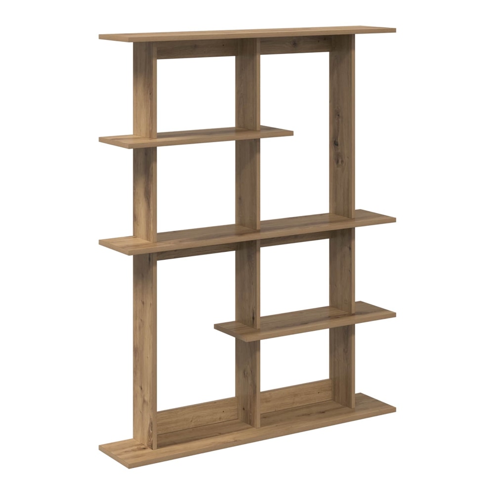 The wall shelf unit with an open, asymmetrical design and oak effect finish