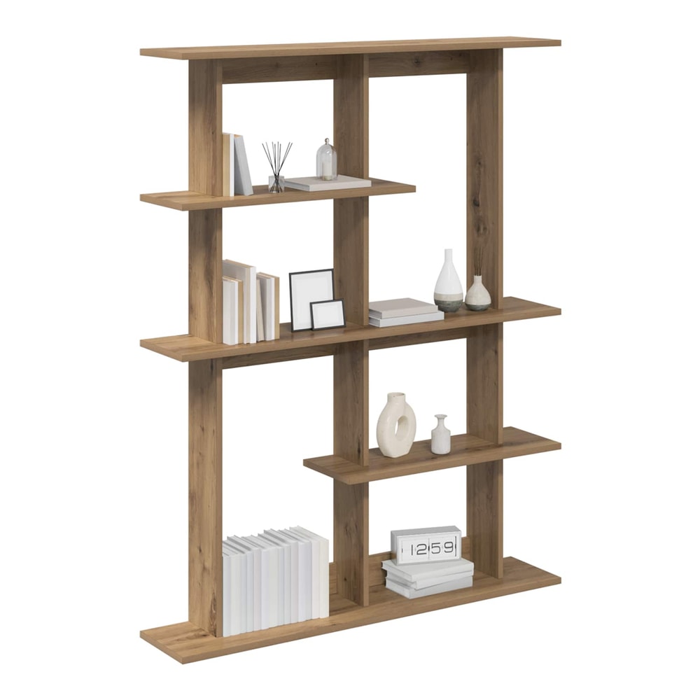 The oak effect wall shelf unit styled with books and decorative vases