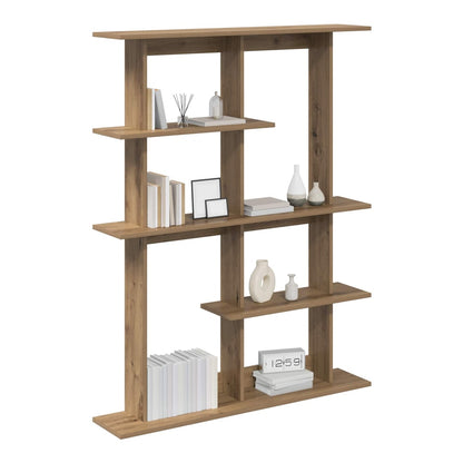 The oak effect wall shelf unit styled with books and decorative vases