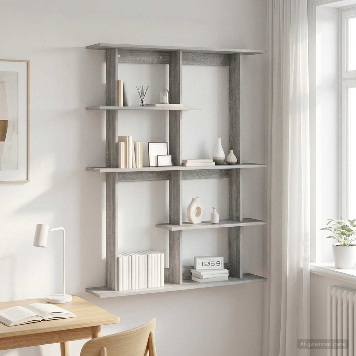 vidaXL Wall Shelf Grey Sonoma Engineered Wood displayed in a room with a desk and chair