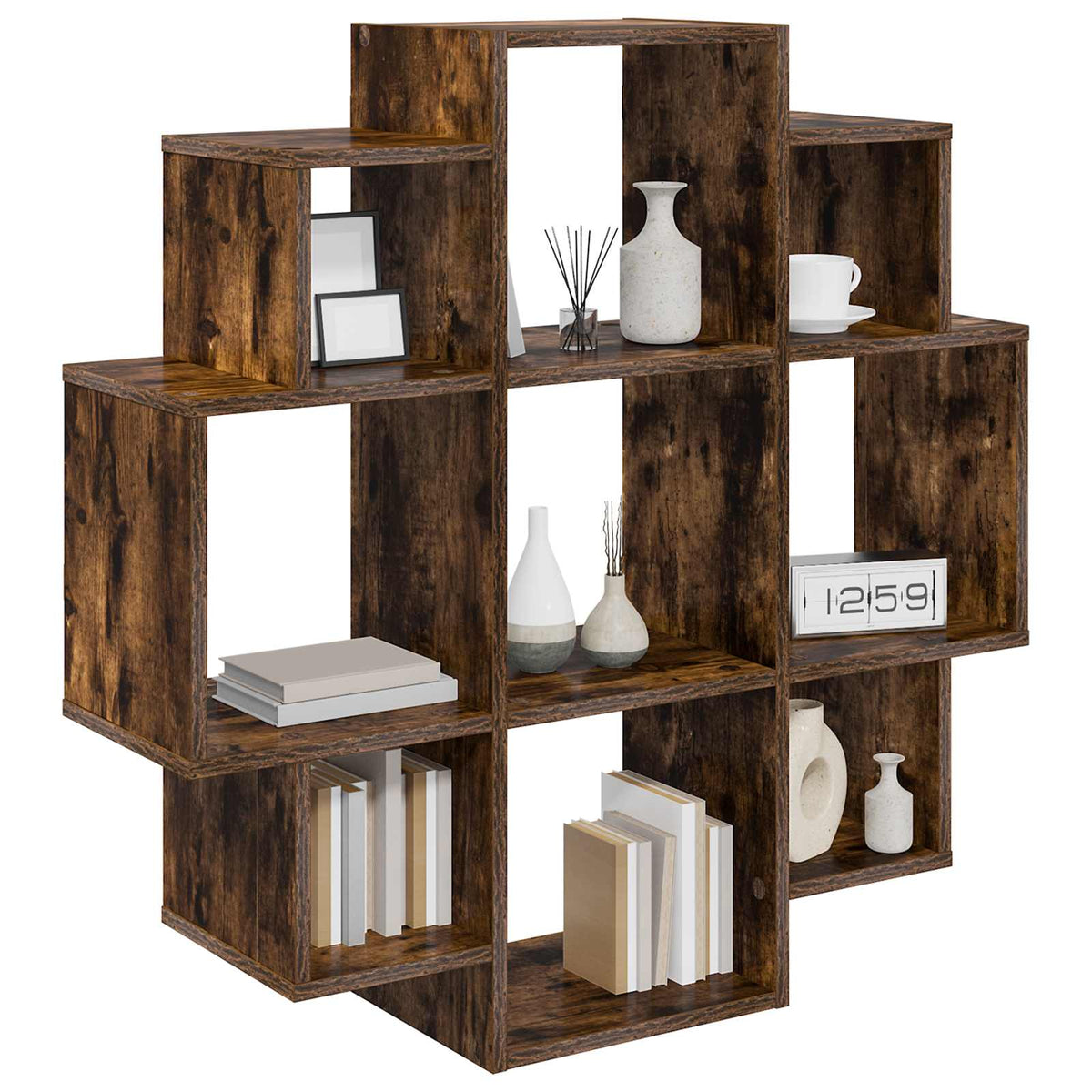 wall shelf unit with decorative items like vases and books on display