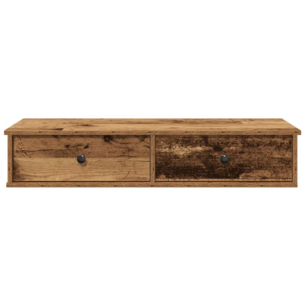 Close-up of the rustic wooden wall shelf with two drawers