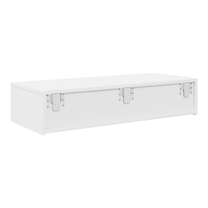 The white wall shelf with two drawers shown from the back