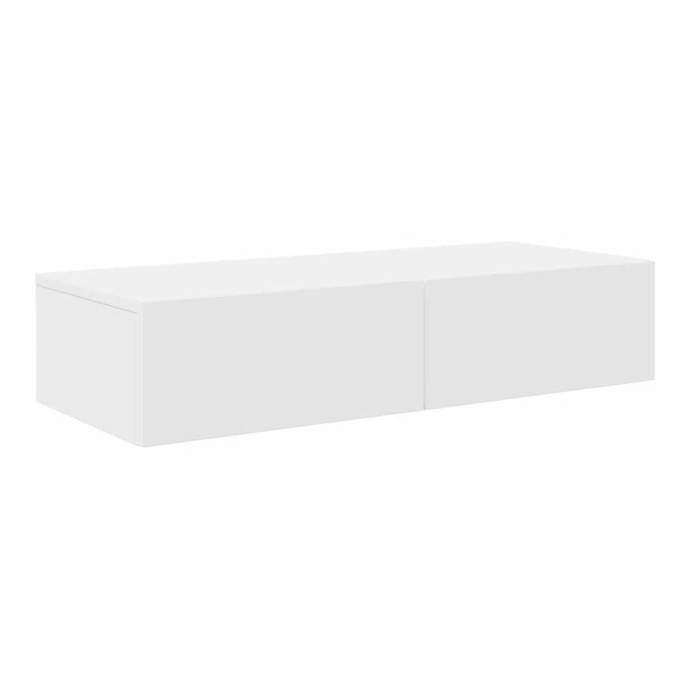 The white wall shelf with two drawers shown from the front