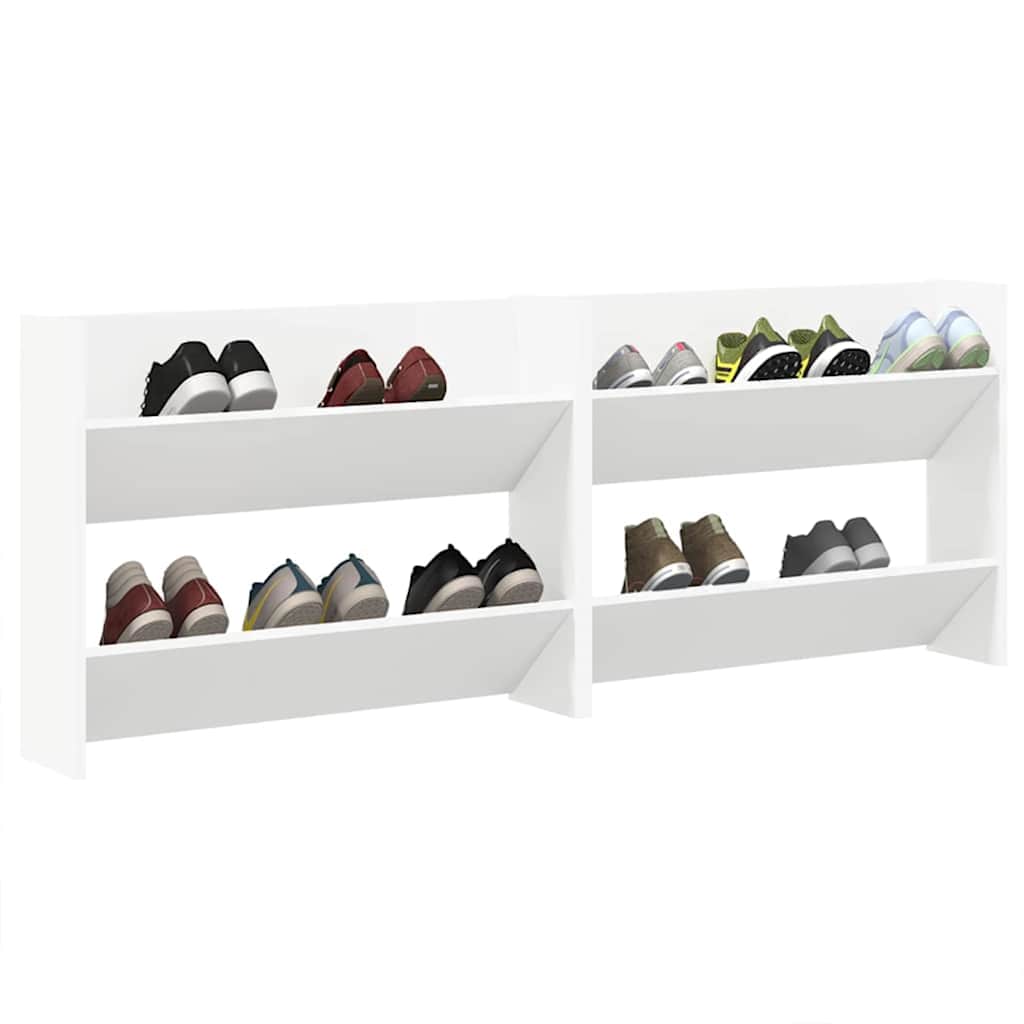 The shoe racks positioned at an angle with multiple pairs of footwear displayed