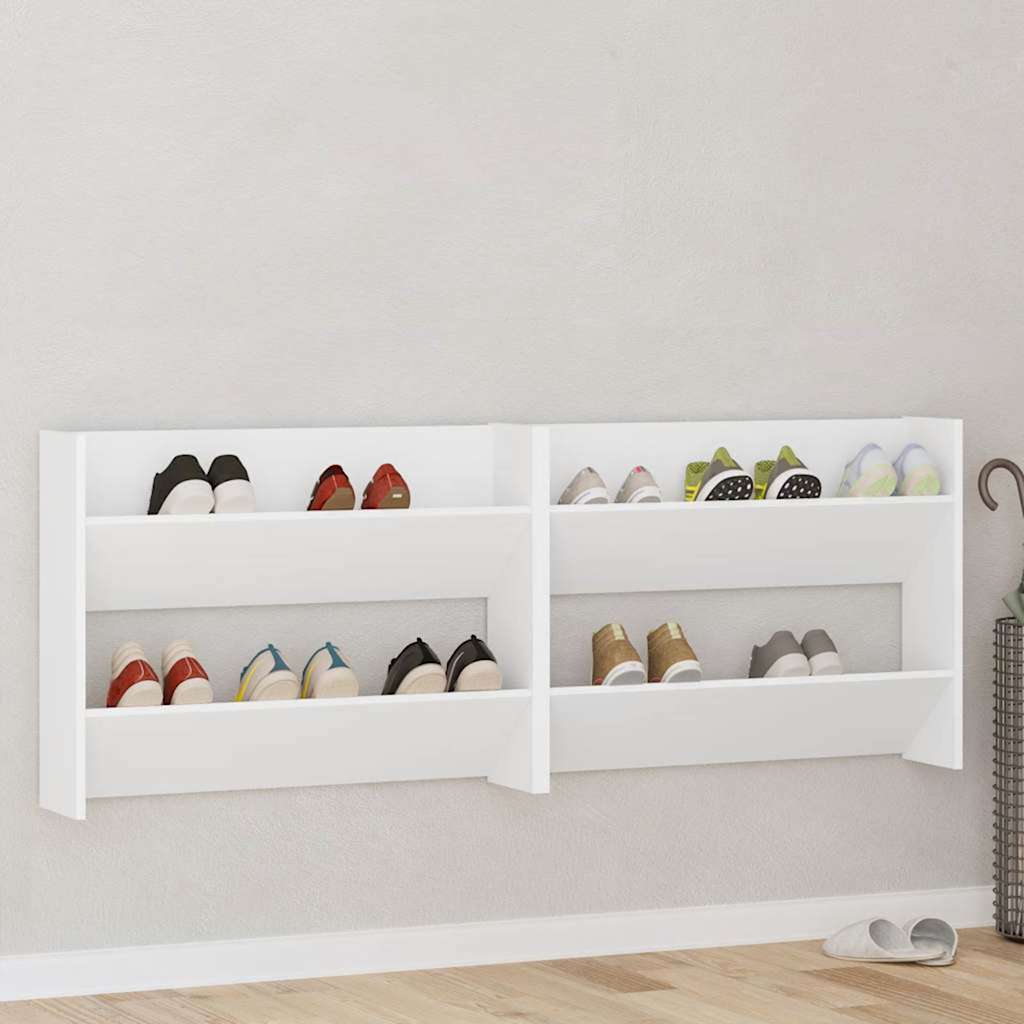 The shoe organisers mounted horizontally on a wall with various pairs of shoes stored