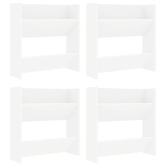 Four white shoe cabinets arranged in a grid, each with two shelves