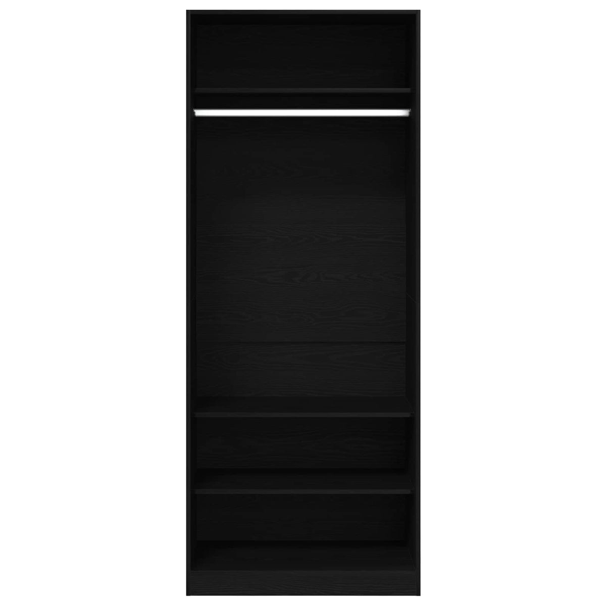 The tall black wardrobe with a hanging rail and shelves